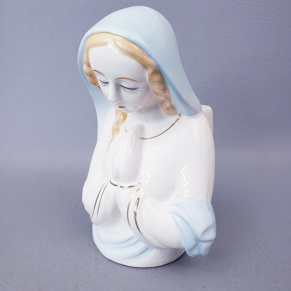 Vintage Virgin Mary Praying Madonna Ceramic Planter Vase Blue Veil Gold Accents
